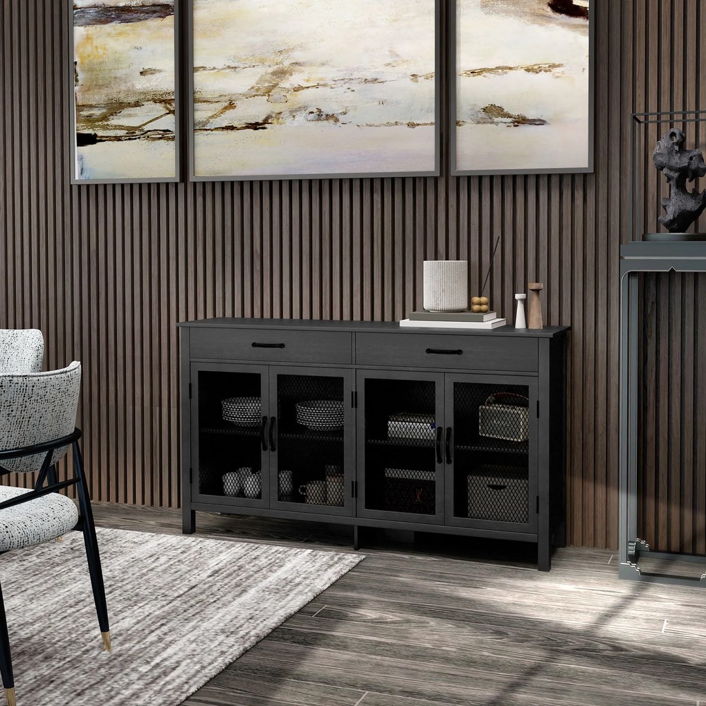 Aparador baixo com 4 portas, prateleiras ajustáveis e 2 gavetas, estilo industrial, 150 x 40 x 85 cm, preto