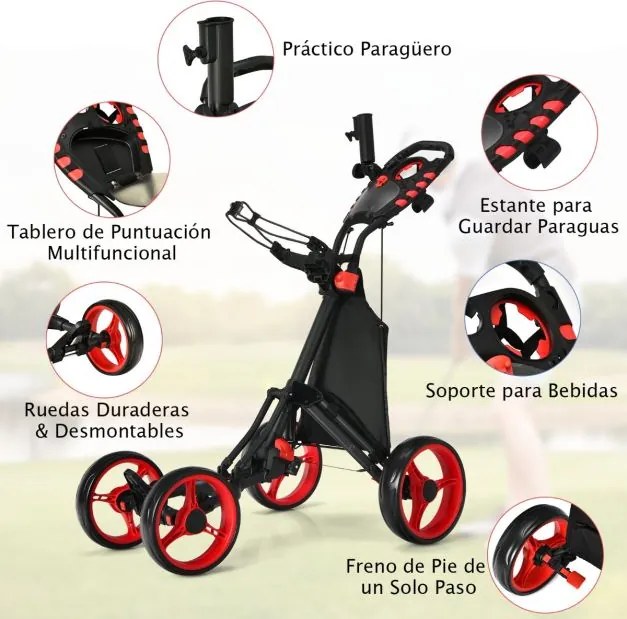 Carrinho de golfe dobrável, leve e de 4 rodas, com saco impermeável e travão de pé, suporte ajustável para guarda-chuva e copo - vermelho