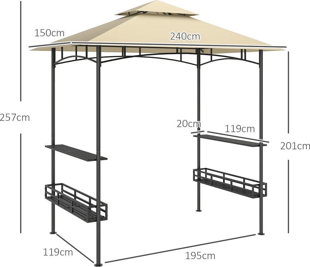 Tenda para churrasco 240 x 150 x 257 cm com toldo para jardim (GRELHADOR NÃO INCLUIDO), ganchos de teto, prateleiras e cestos, bege