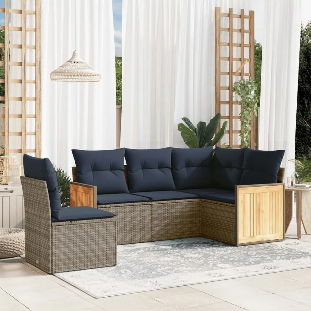 vidaXL 5 pcs conjunto sofás p/ jardim c/ almofadões vime PE cinzento