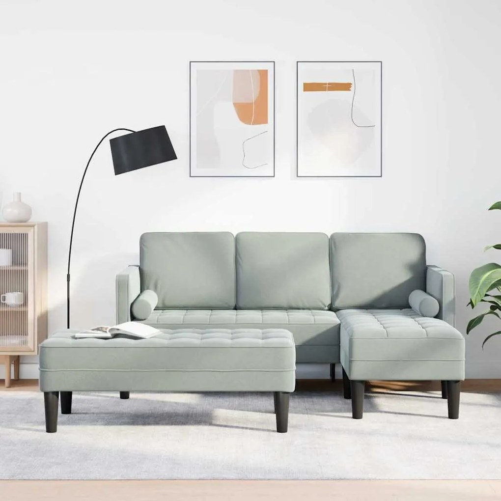 Sofá de Jardim vidaXL com Banco e Almofadas L-Shaped Veludo Cinzento C