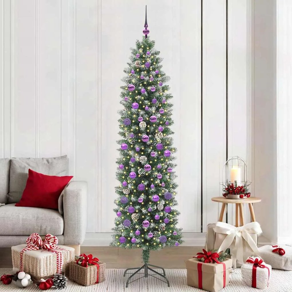 vidaXL Árvore Slim de Natal Artificial Verde e Branco 210 cm