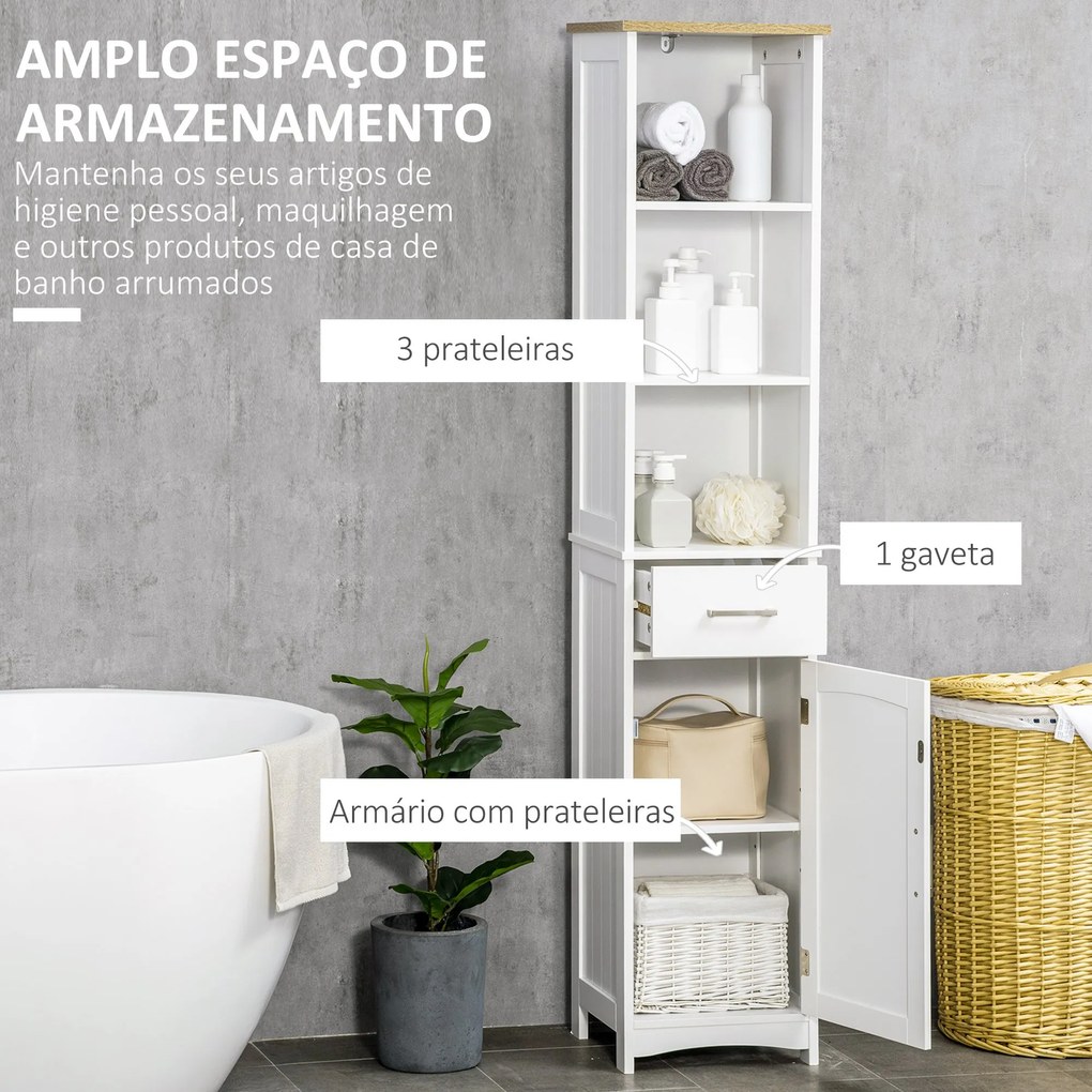 Coluna para Casa de Banho com 1 Gaveta 1 Porta 3 Prateleiras Abertas e Prateleira Interior Ajustável Móvel Auxiliar de Armazenamento para Sala de Esta