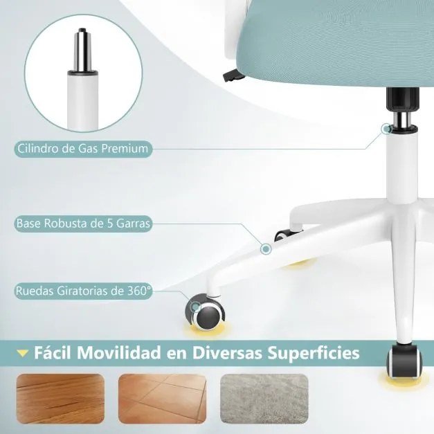 Cadeira de escritório ergonómica com apoio lombar integrado, apoios de braços rebatíveis, rodas universais, altura ajustável, Azul