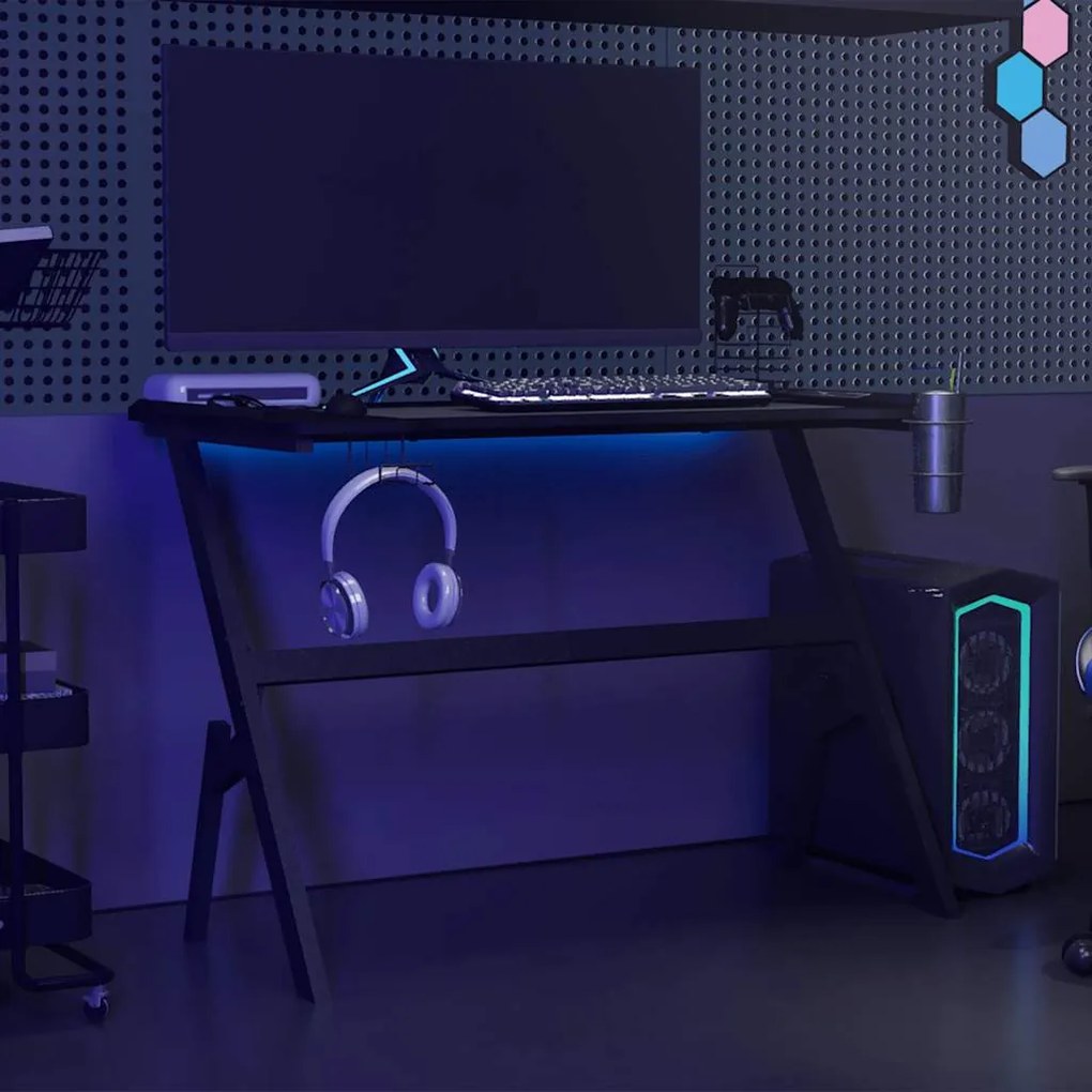 Secretária de gaming c/ luzes LED forma de Y 110x60x75 cm preto