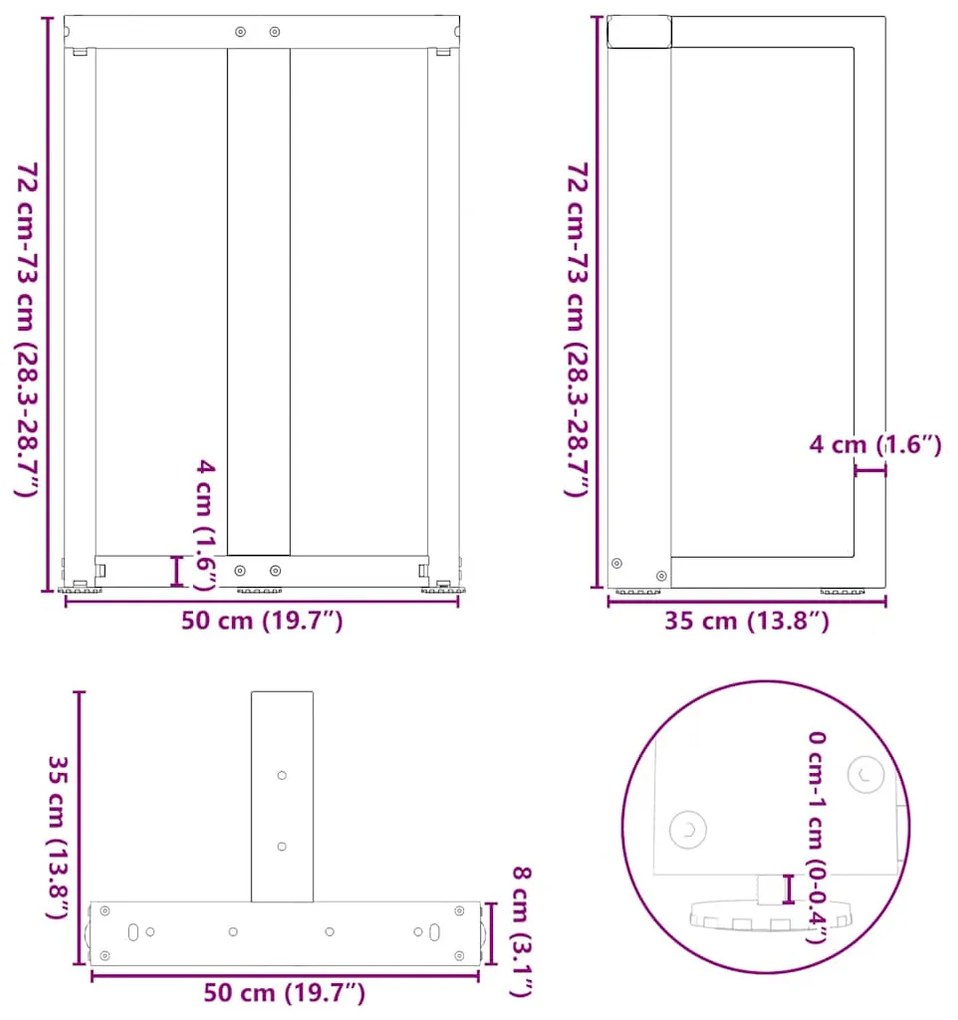Pés de mesa de jantar em forma de T, 2 peças, preto, 50x35x(72-73) cm,