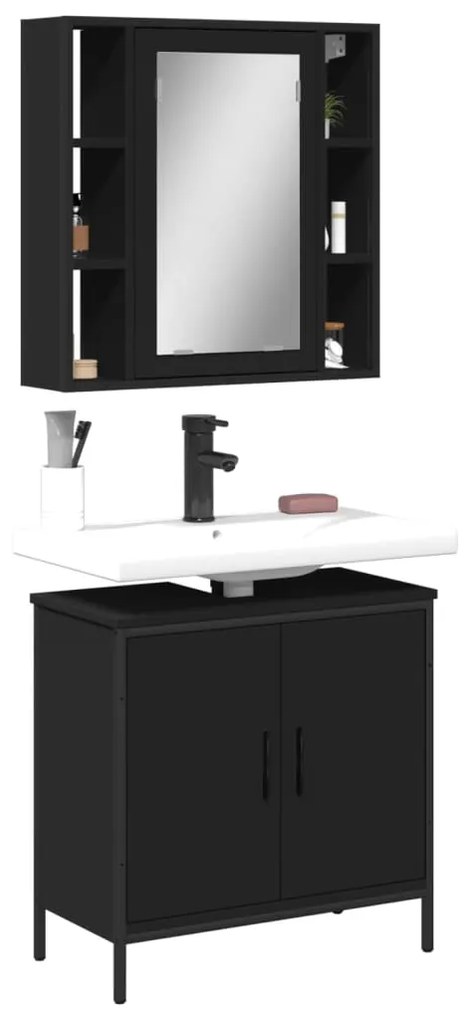 vidaXL 2 pcs conjunto móveis casa de banho derivados de madeira preto