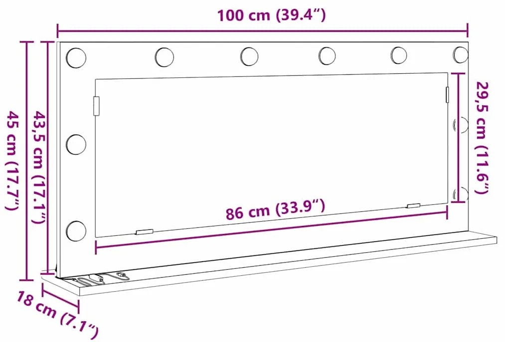 Espelho de Vaidade com Luzes LED Carvalho Preto 100x45x18 cm