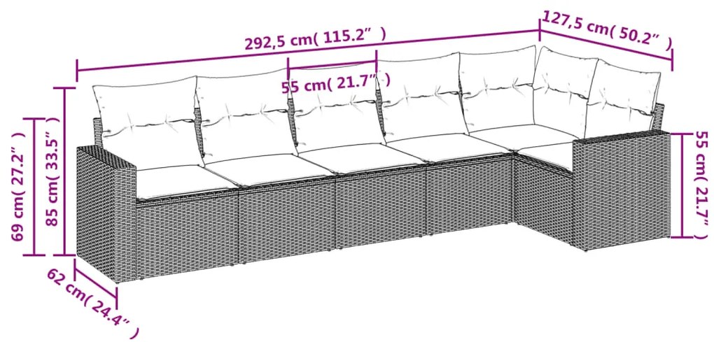 6 pcs conjunto sofás de jardim c/ almofadões vime PE preto