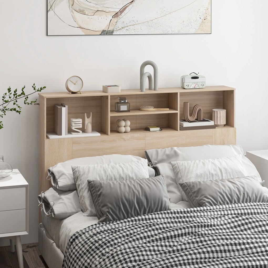 Cabeceira de cama com pés e arrumação, acessório de cama com 4 compartimentos abertos, 140 x 19 x 103,5 cm, efeito de madeira natural