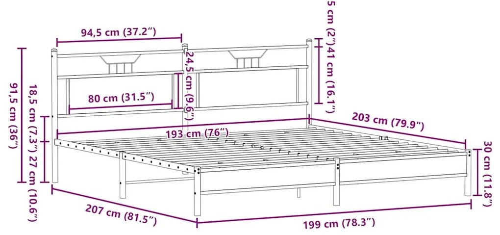 Estrutura cama sem colchão 193x203 cm metal carvalho castanho