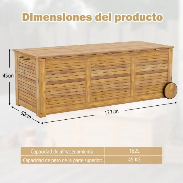 Caixa de armazenamento exterior 127 x 50 x 45 cm de 182 L com rodas em madeira de acácia com 2 rodas, pega lateral e capa impermeável natural