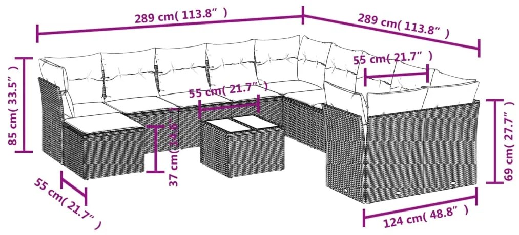 12 pcs conj. sofás jardim com almofadões vime PE cinzento-claro