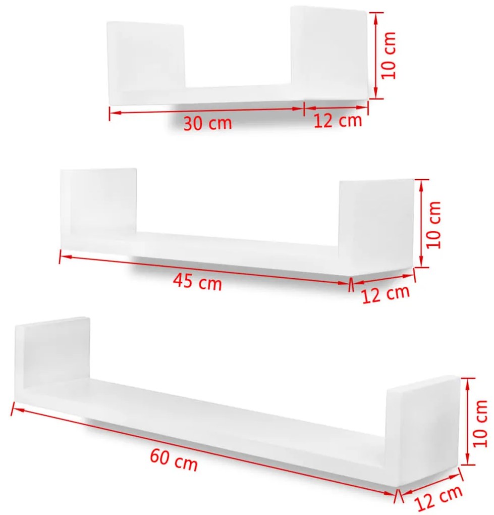 Conjunto 3 prateleiras de parede em forma de "U" MDF branco