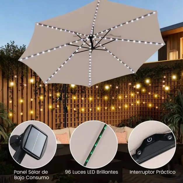 Guarda-sol 300 x 260 cm com base, iluminação LED, 9 modos, ajuste fácil da inclinação, rotação de 360° Bege