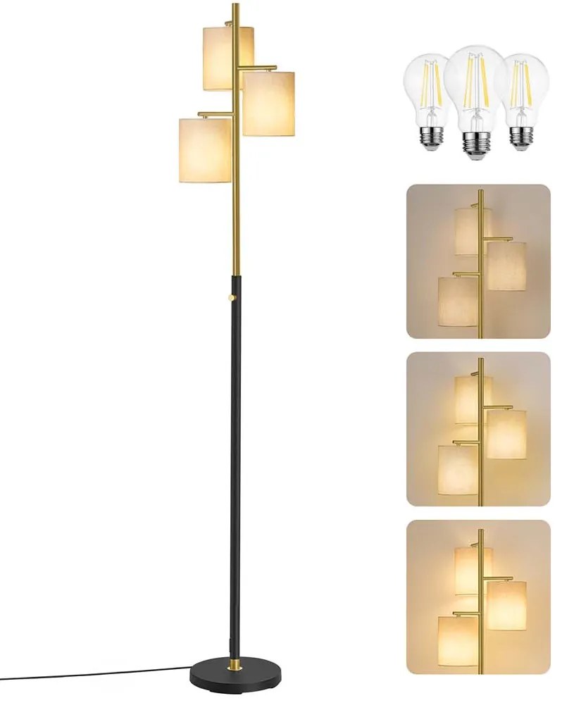 Candeeiro de pé com três lâmpadas e luminosidade ajustável 29 x 29 x 173 cm dourado-preto
