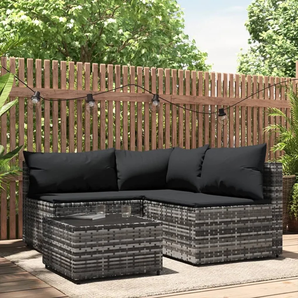vidaXL 4 pcs conjunto lounge de jardim c/ almofadões vime PE cinzento