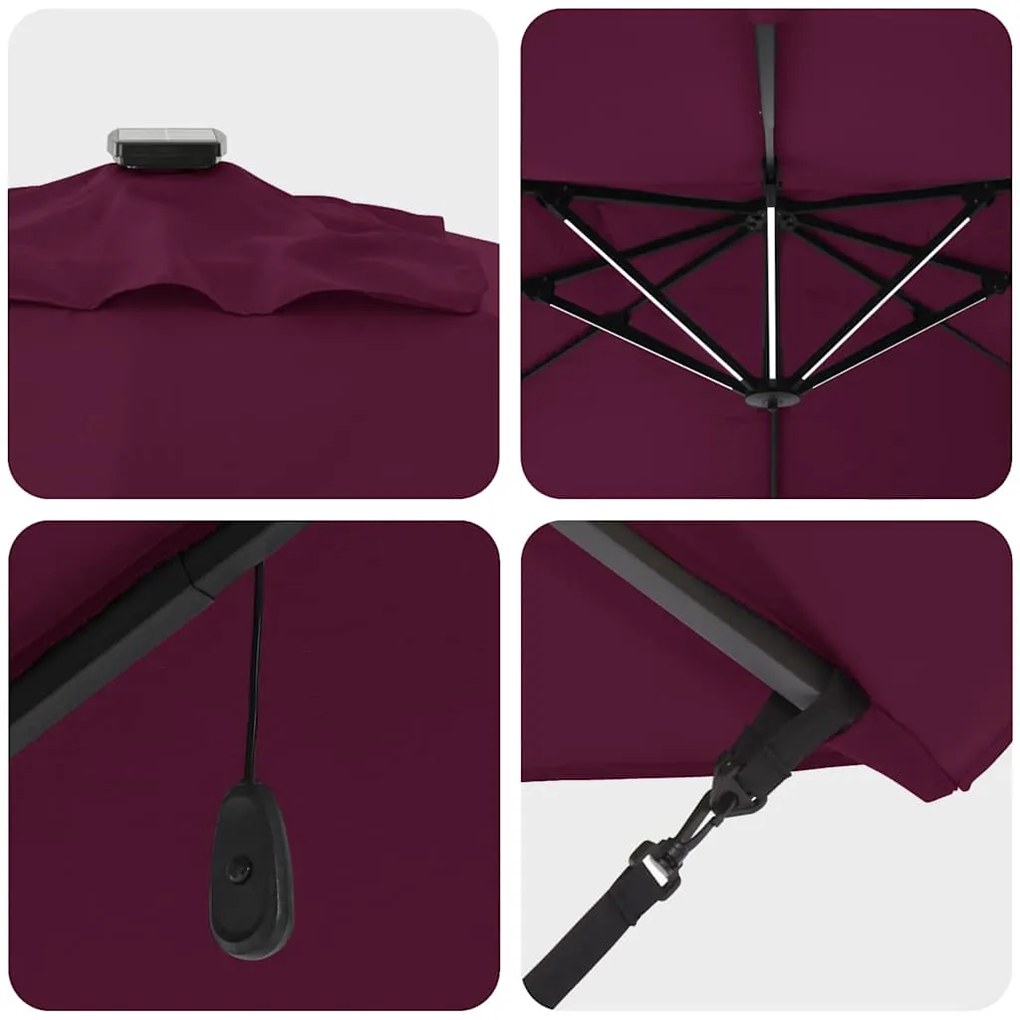Parasol Cantilever Roma com LEDs Vermelho Bordeaux, 352 x 251 x 265 cm
