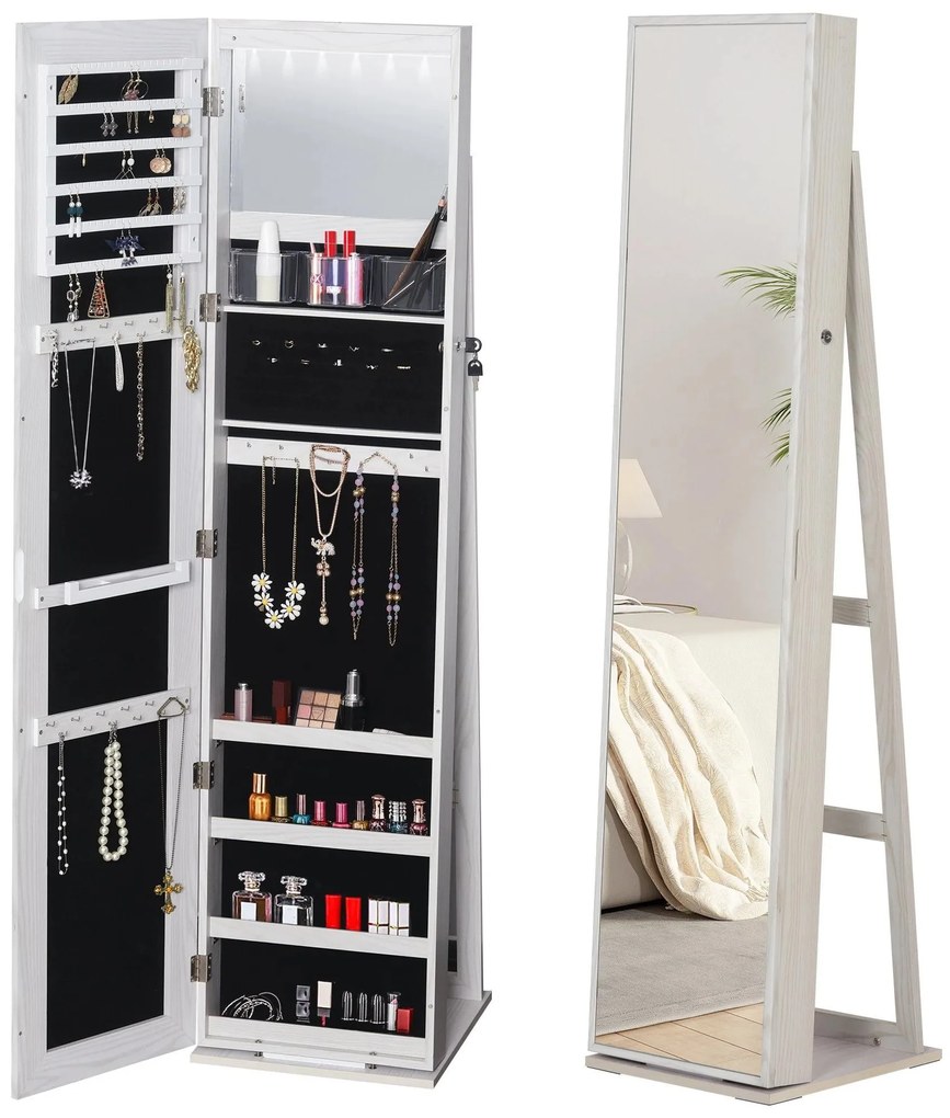 HOMCOM Joalheiro de Pé Armário para Joias com 6 Luzes LED Fechadura Organizador de Joias com Prateleiras Suportes para Anéis 38x38x157cm Branco