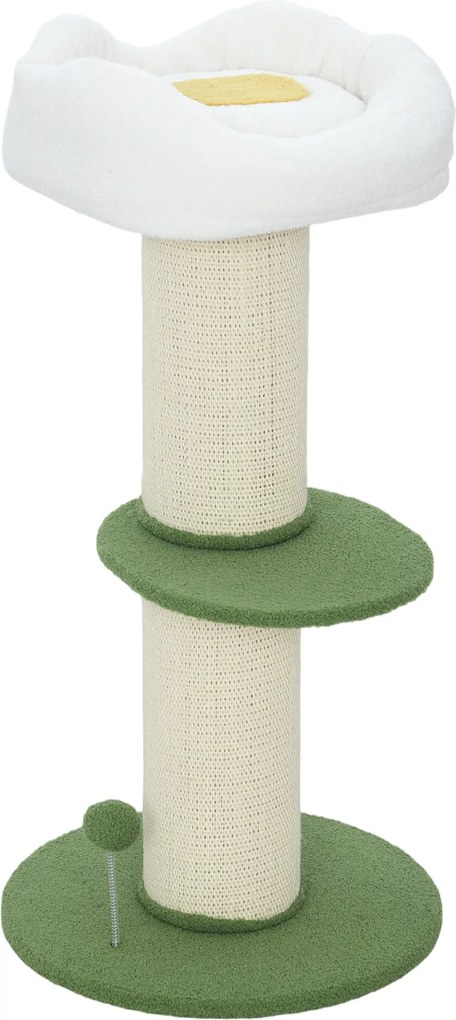 PawHut Árvore para Gatos em Forma de Flor de 3 Níveis Plataforma e Bola Poste em Sisal Ø 45x92 cm Creme Branco e Verde | Aosom Portugal