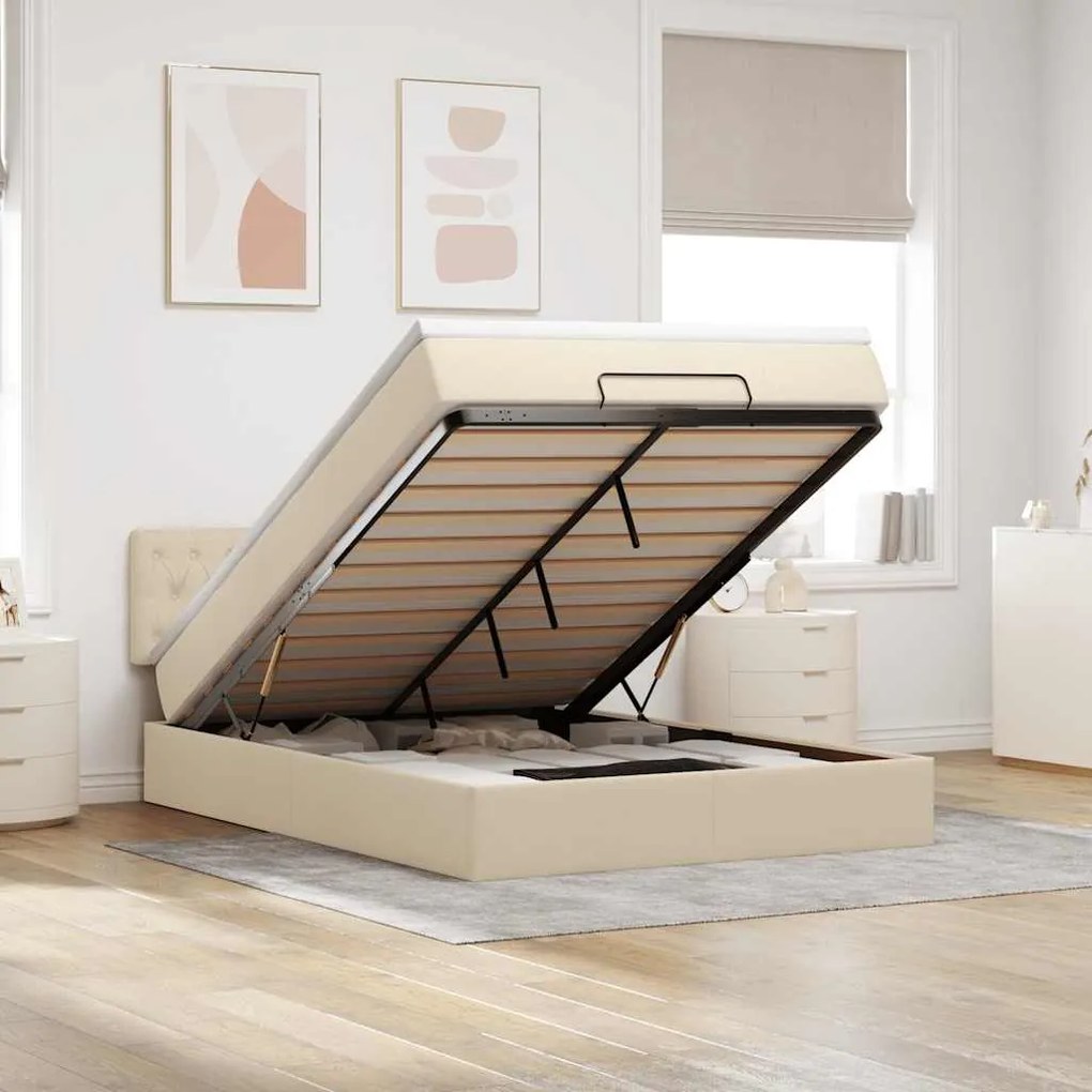 vidaXL Cama otomana com colchão tecido creme 140x190 cm