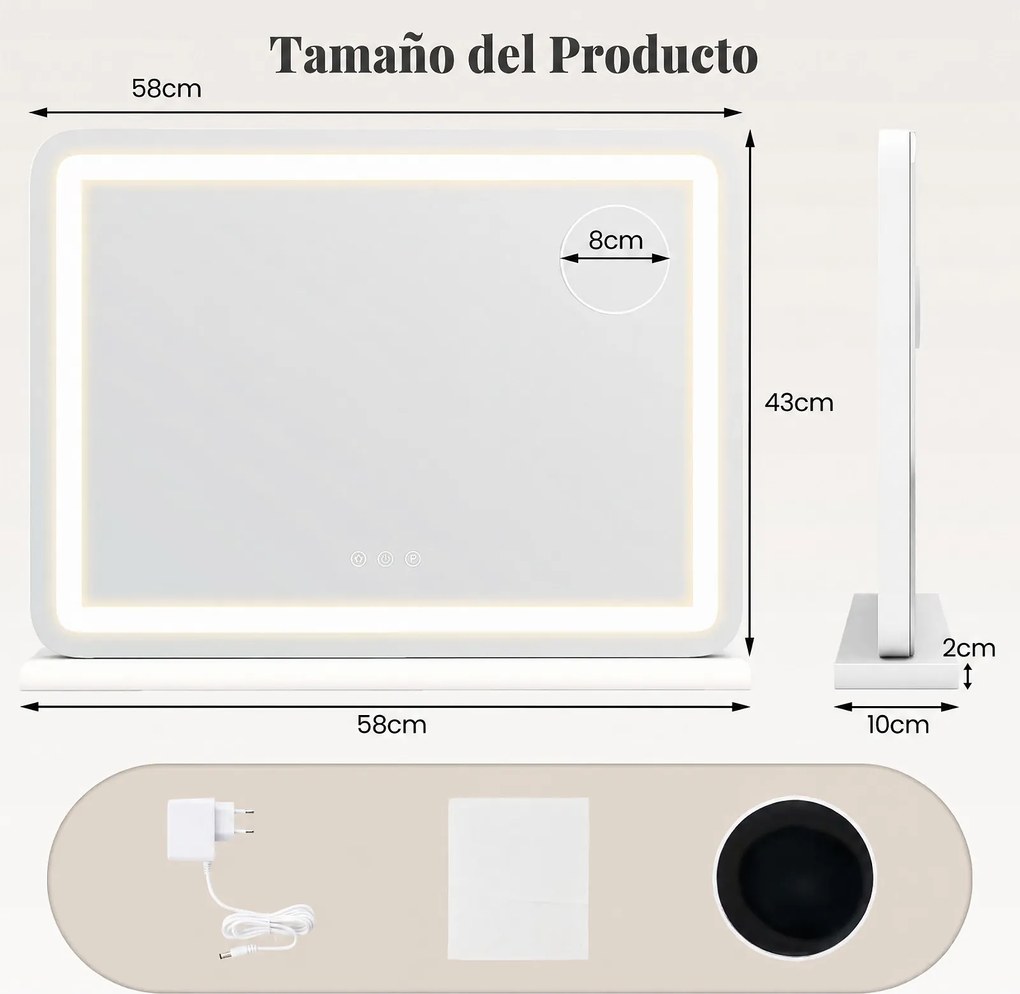 Espelho de Maquilhagem com Luz LED, 58 x 10 x 45 cm, Lupa de 10 Aumentos, Branco