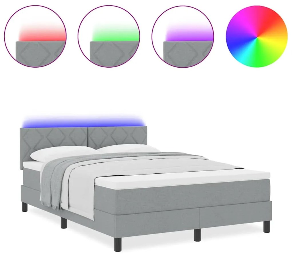 Cama Box Spring com Colchão &amp; LED Cinza Claro 140x200 cm Tecido