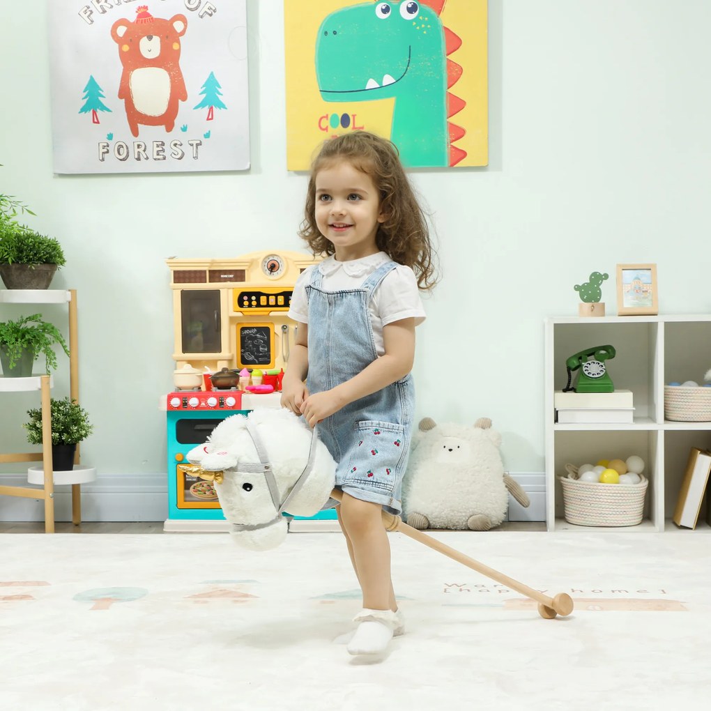Cavalo com Pau de Madeira Design Unicórnio Sons e Rodas Cavalo de Brinquedo 95x25x27 cm Branco