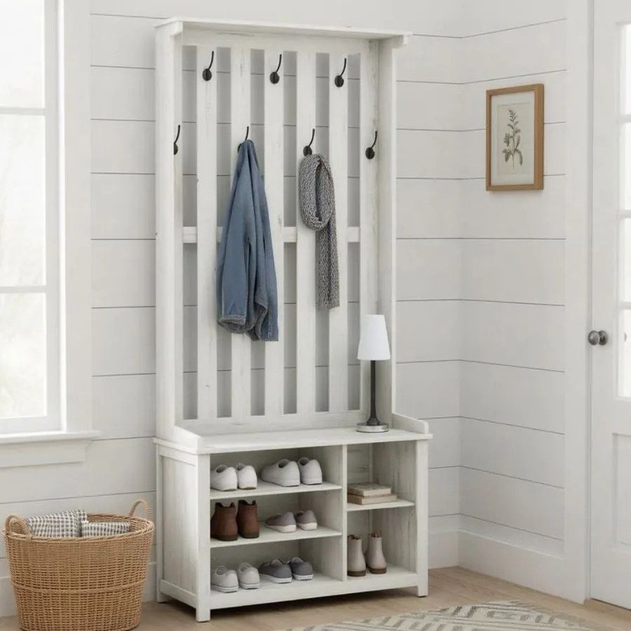 Armario cabide entrada com ganchos 81 x 35 x 180 cm, cabideiro com banco, porta-casacos com ganchos Branco