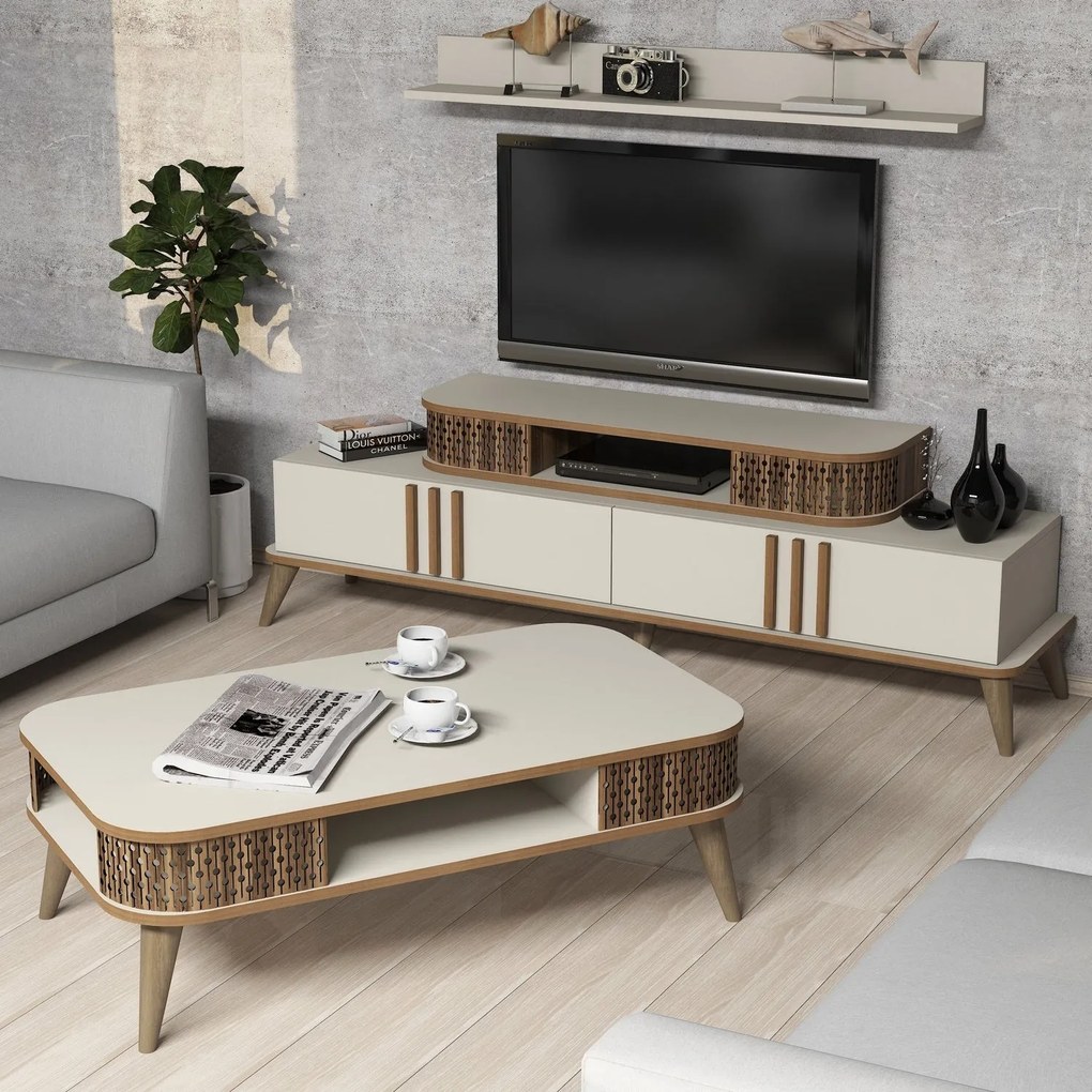 Conjunto de Mobiliário de Sala de Estar Eylül – Creme – Múltiplas Medi