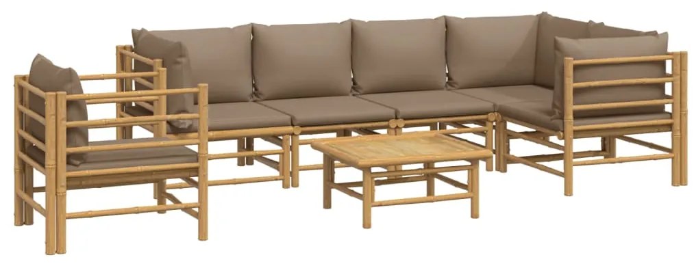 7 pcs conj. lounge jardim bambu c/ almofadões cinza-acastanhado