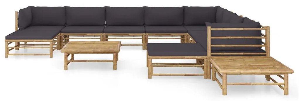 12 pcs conj. lounge jardim em bambu c/ almofadões cinza-escuro