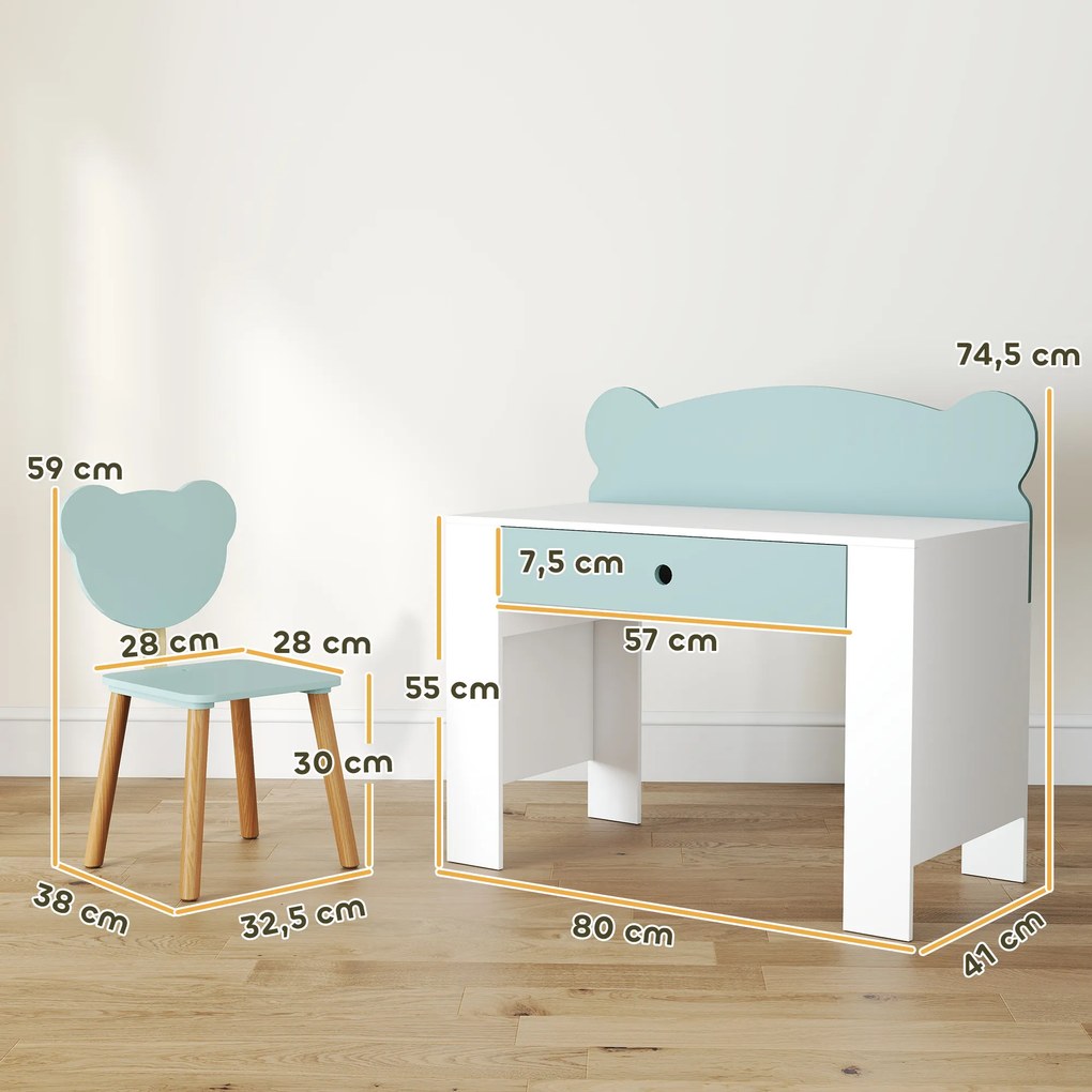 Secretária infantil com cadeira, mesa infantil e cadeira com gaveta e tampo largo, 80 x 41 x 74,5 cm, verde
