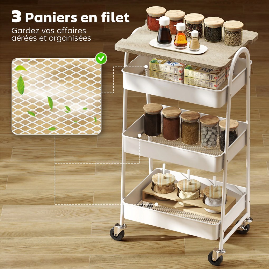 Carrinho de cozinha, com 3 níveis, tabuleiro superior, cestos, pegas, 45 x 32 x 77,5 cm, branco e carvalho
