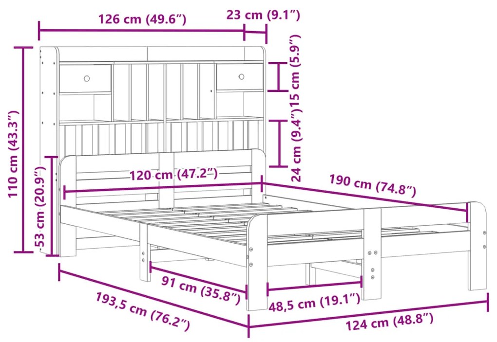 Cama c/ estante sem colchão 120x190cm pinho maciço castanho-mel