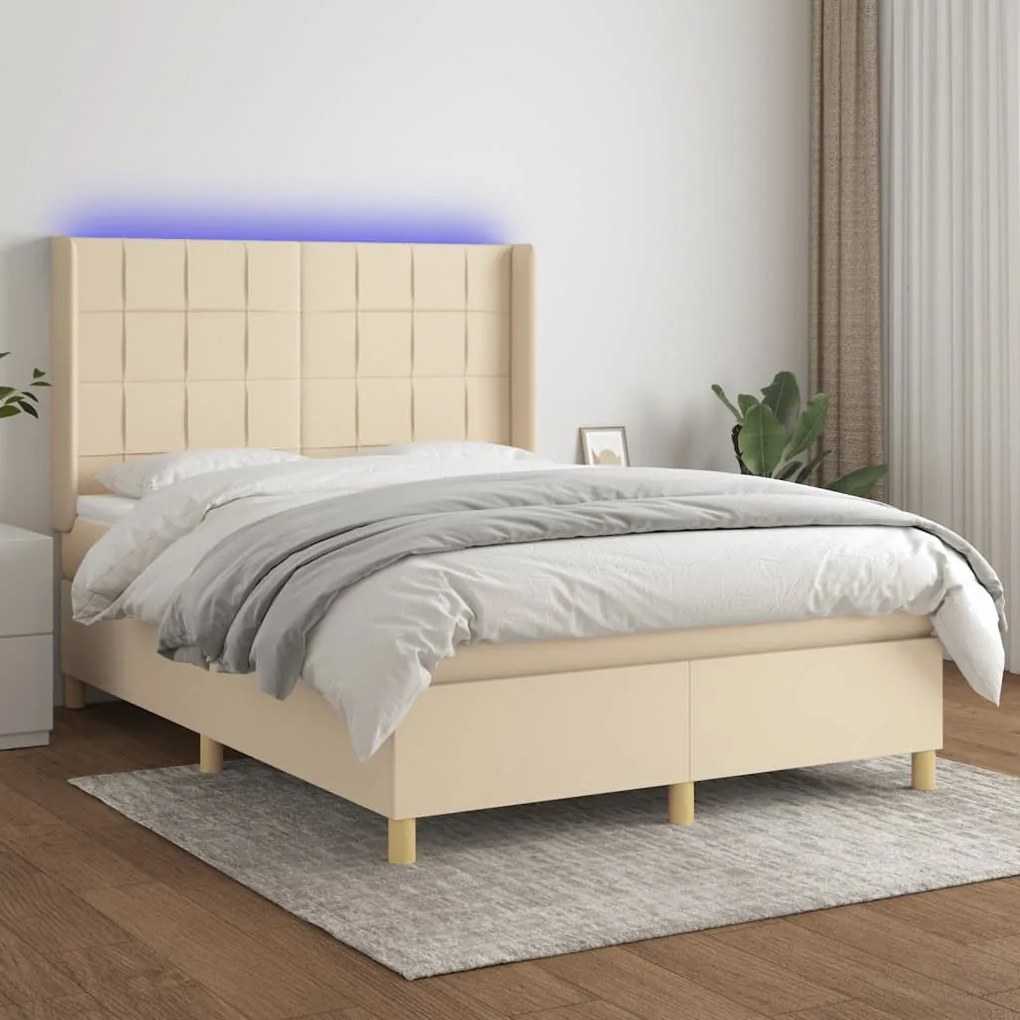 vidaXL Cama box spring c/ colchão e LED 140x190 cm tecido cor creme