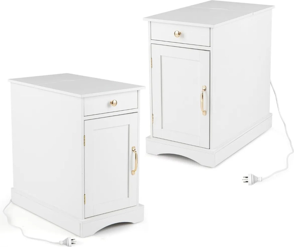 Conjunto de 2 mesas de cabeceira, mesa apoio 35 x 60 x 62 cm com estação de carregamento com gaveta Brancas