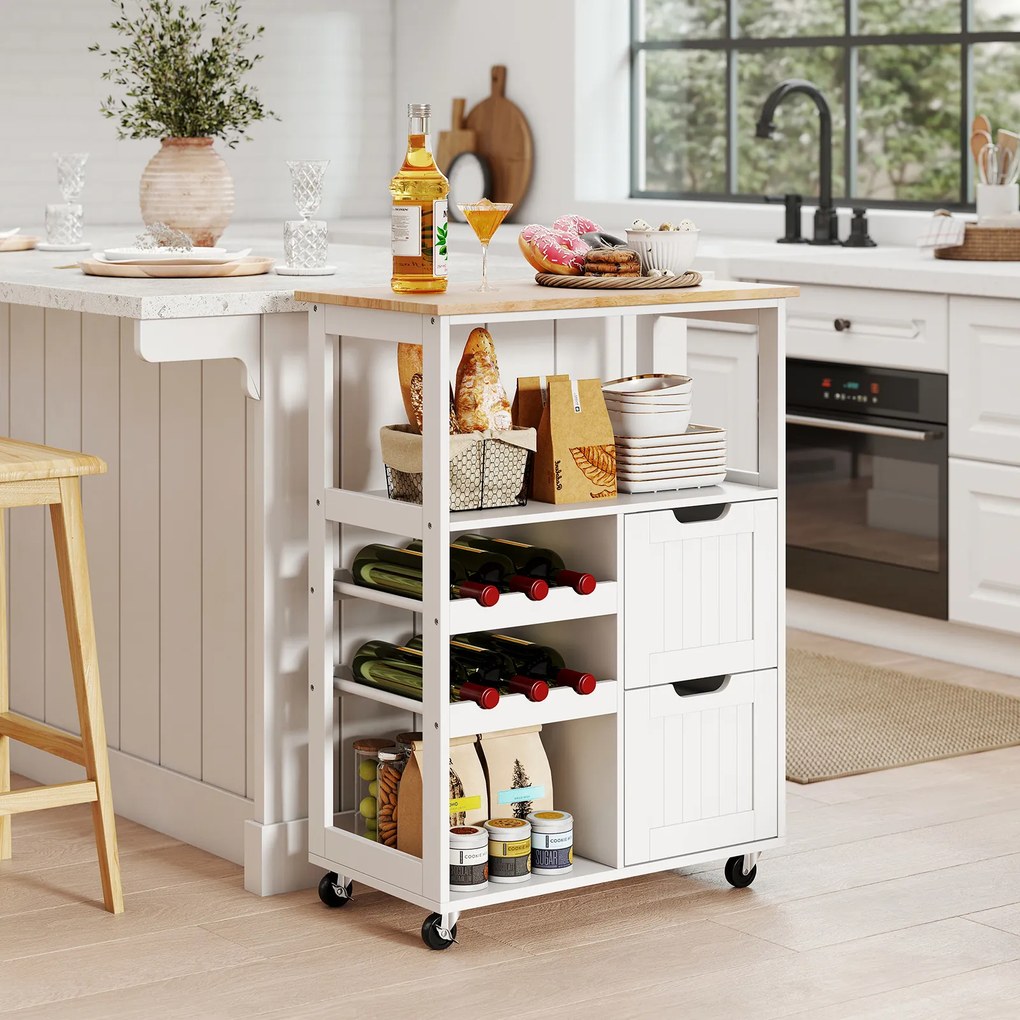 Carrinho de Cozinha com Garrafeira, 65 x 37 x 89 cm, Arrumação Completa, Branco