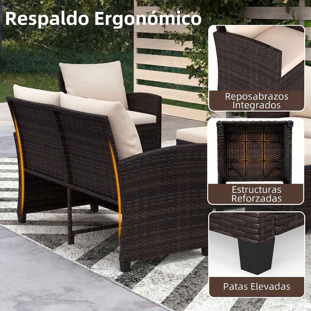 Conjunto de 6 Peças de Mobiliário de Jardim, 2 Sofás, 2 Poltronas e 2 Apoios de Pés, Almofadas Removíveis, Castanho e Bege