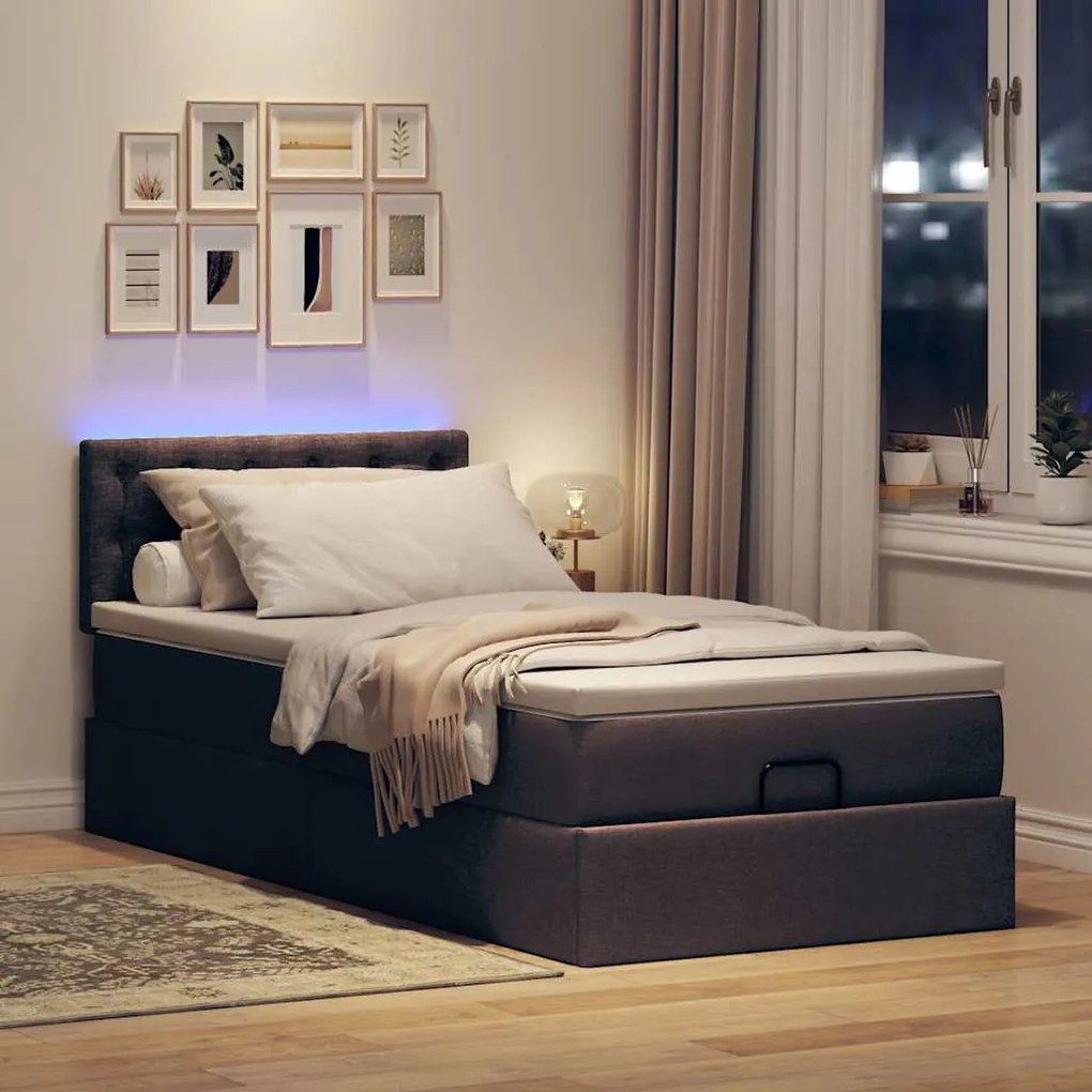 Cama otomana com colchão & LEDs 90x200cm tecido castanho escuro