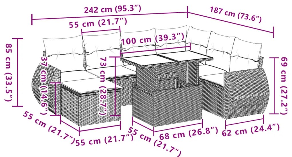 8 pcs conjunto sofás de jardim c/ almofadões vime PE cinzento