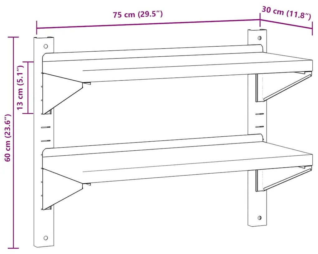 Estante parede 2 prateleiras 75x30x60 cm aço inoxidável prata