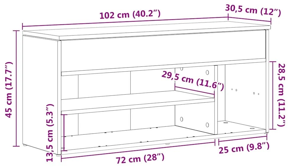 Banco sapateira 102x30,5x45cm derivados madeira cinzento sonoma