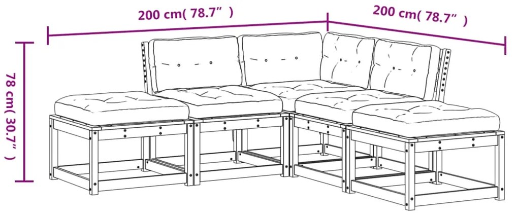 5 pcs conjunto de sofás de jardim com almofadões pinho maciço