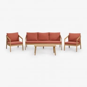 Conjunto De Sala Com Sofá De 3 Lugares, 2 Poltronas E Mesa De Centro Em Madeira De Acácia E Corda Trançada Kaela Marrom Acácia Claro & Tecido Terracot