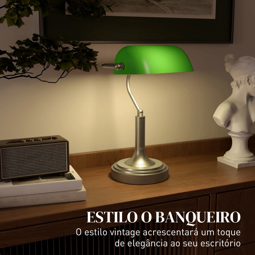 Candeeiro de Mesa Banqueiro Candeeiro de Mesa Vintage E27 com Ecrã Orientável a 45° 26,8x22x39,5 cm Verde