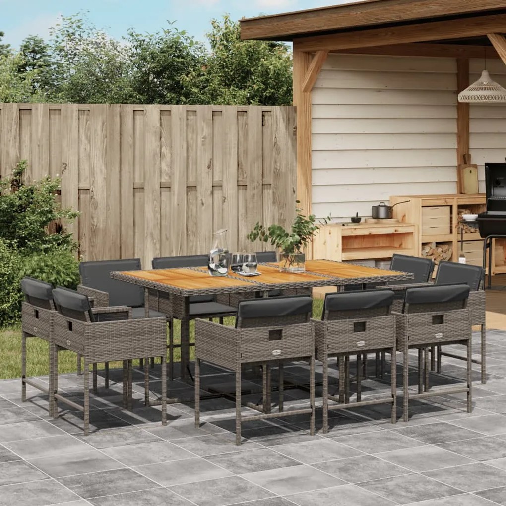vidaXL 11 pcs conjunto jantar p/ jardim c/ almofadões vime PE cinzento