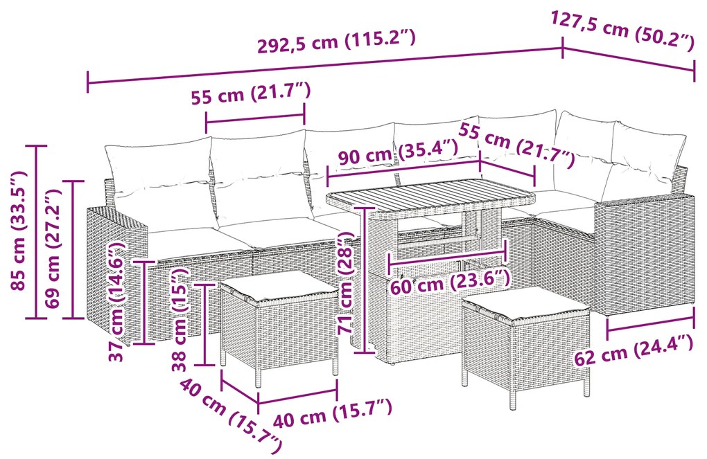 Conjunto de Sofá de Jardim vidaXL 9 Peças com Almofadas Preto Rattan P