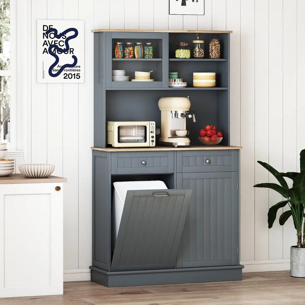 Armário Cozinha 100 x 34 x 172 cm com Porta para caixote de lixo com porta dupla basculante com bancada cinzento