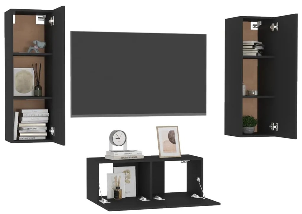 3 pcs conjunto de móveis de TV derivados de madeira preto